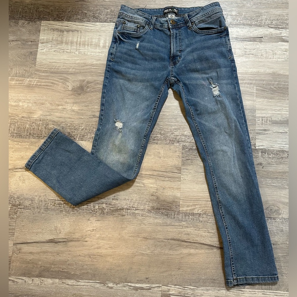 Free Planet Blue Med Wash Slim Straight Denim Jeans Men's Size 30x 30 Distressed